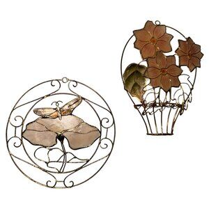 Two Capiz Shell Wall Art Pieces Butterfly Flowers brass frame